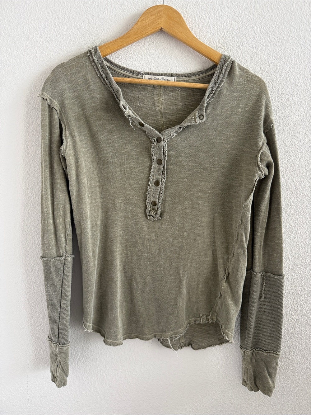 Free People We The Free Olive Henley Long Sleeve Top with Distressed Trim Medium